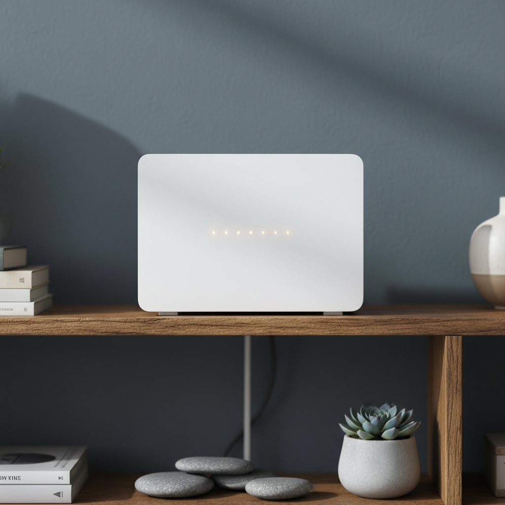 A home Wi-Fi router placed centrally on an open shelf with its lights illuminated