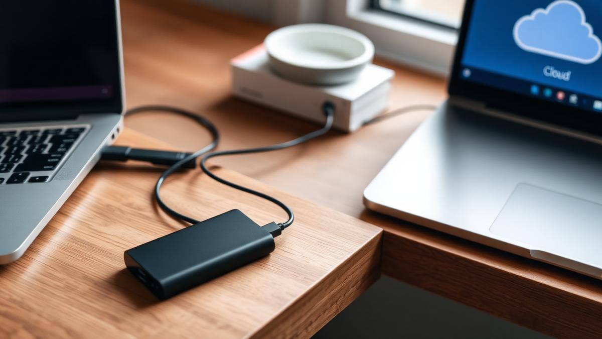 An external hard drive connected to a laptop symbolising automatic data backup