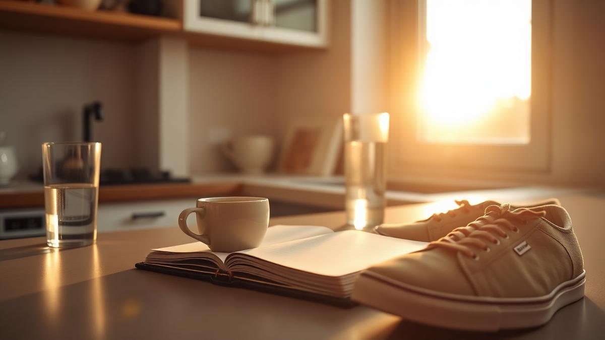 A cup of coffee and an open notebook on a sunlit kitchen table in the morning