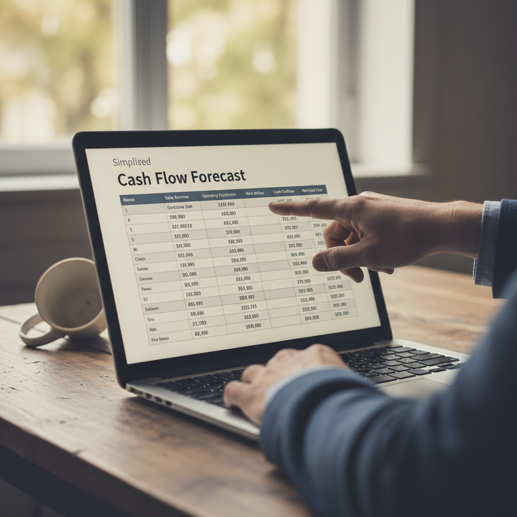 A hand pointing at a simple cash flow forecast spreadsheet on a laptop screen