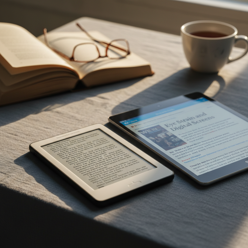 A dedicated e-ink reader displaying a page of text beside a backlit tablet