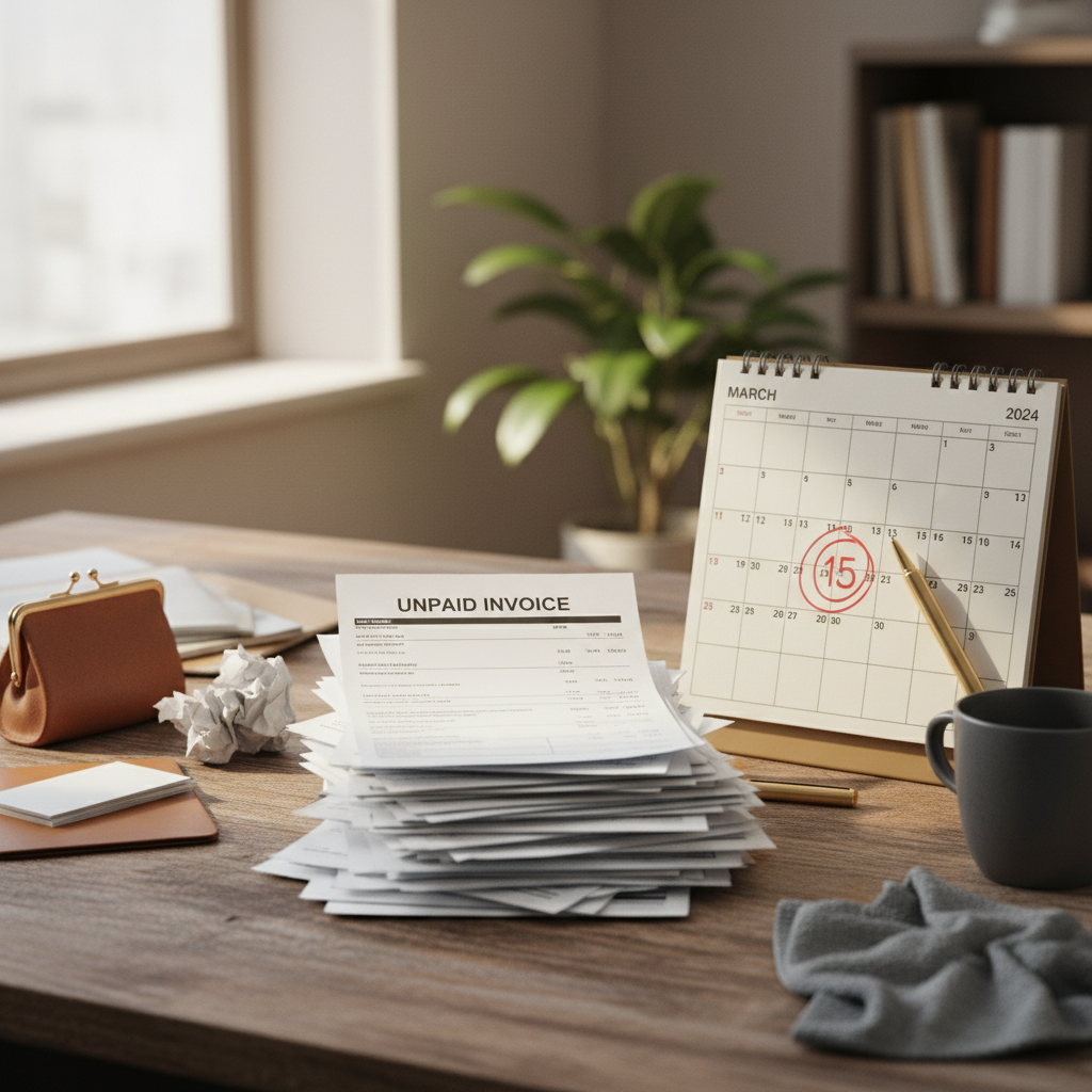 A stack of unpaid invoices next to a calendar with a due date circled
