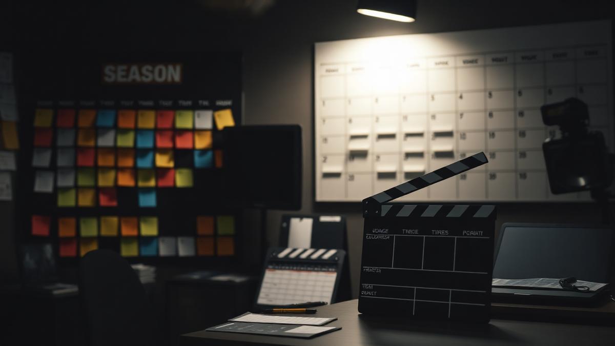 A wall calendar marked with television premiere dates and colored sticky notes