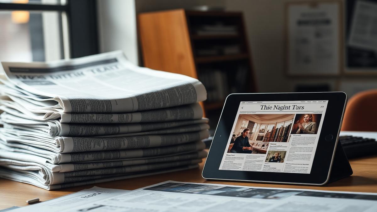 A stack of printed magazines beside a glowing laptop screen