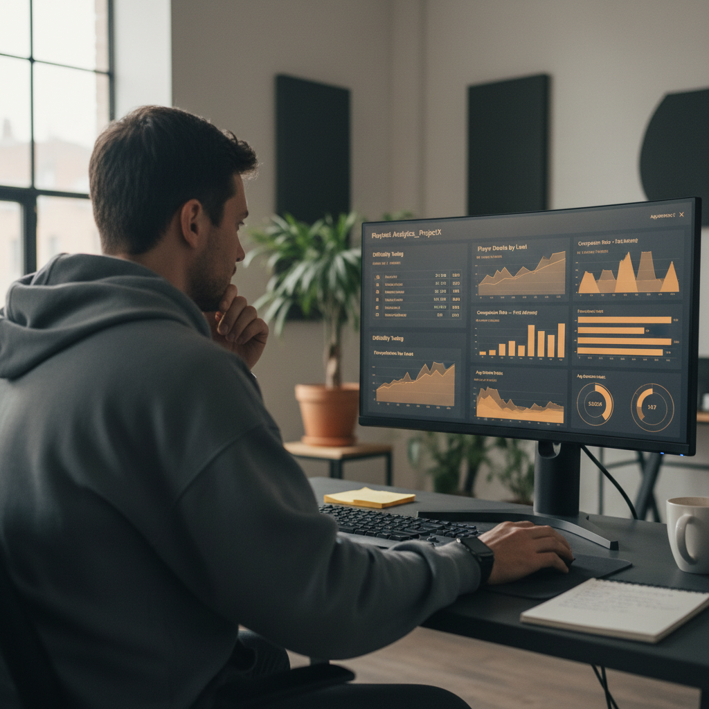 A game developer reviewing playtest analytics on a monitor showing difficulty charts
