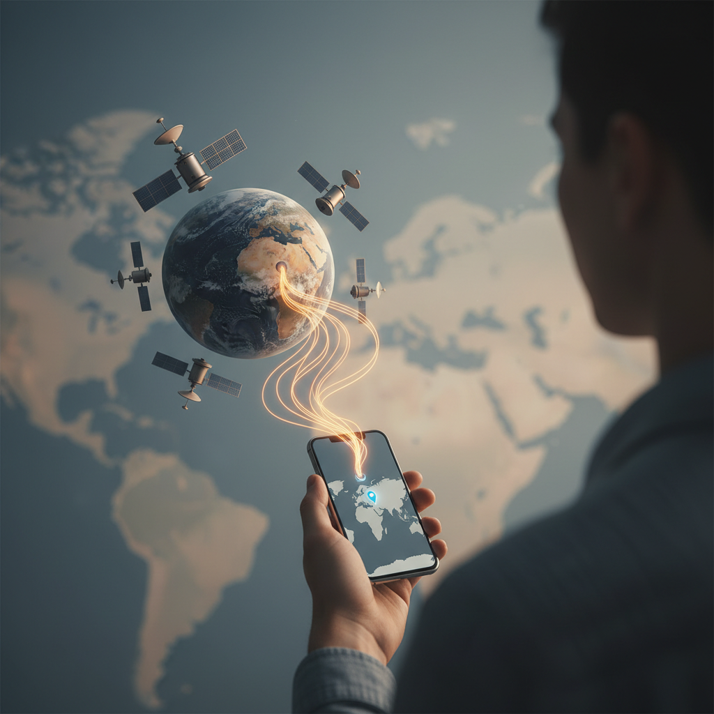 Illustration of satellites orbiting Earth sending signals to a phone
