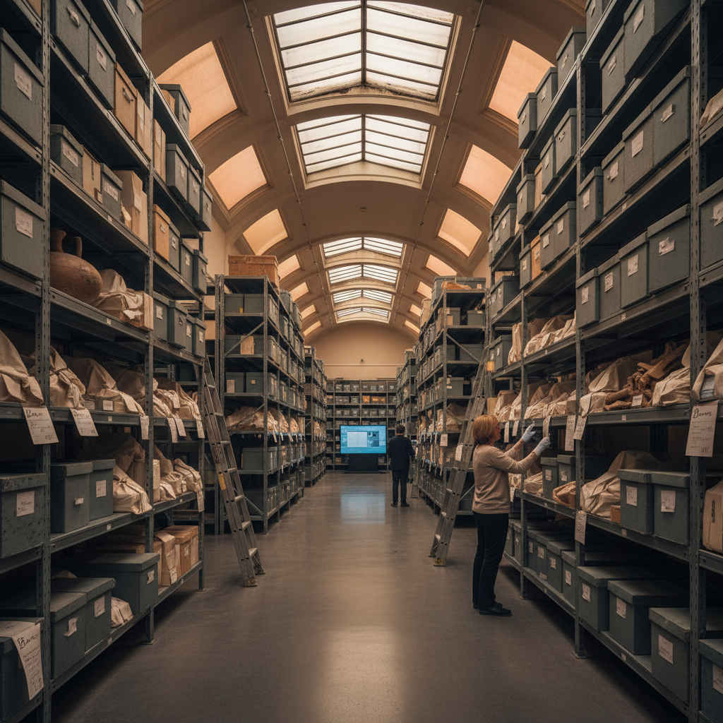 A museum storage room with shelves of catalogued artefacts