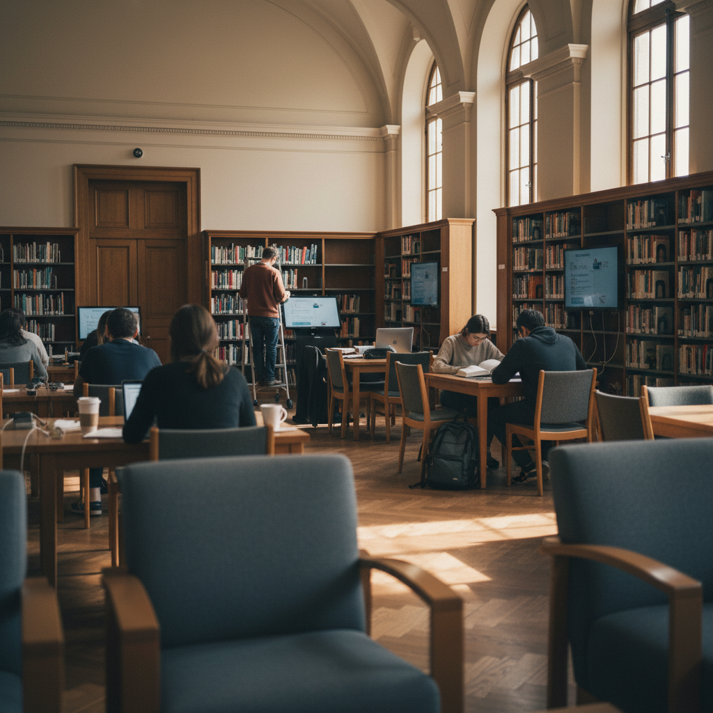 A public library reading room with people using laptops and browsing shelves