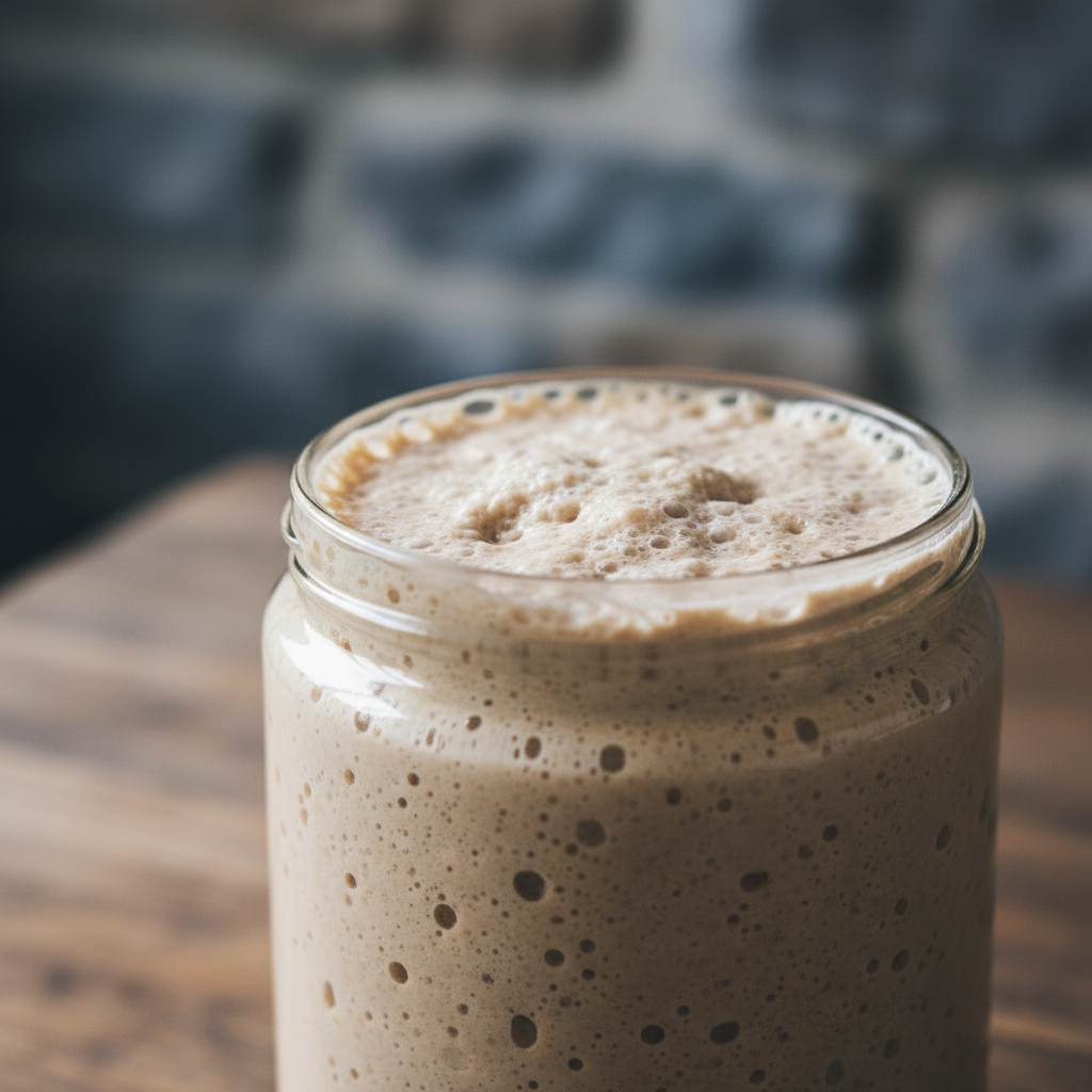 Close-up of bubbling sourdough starter in a glass jar