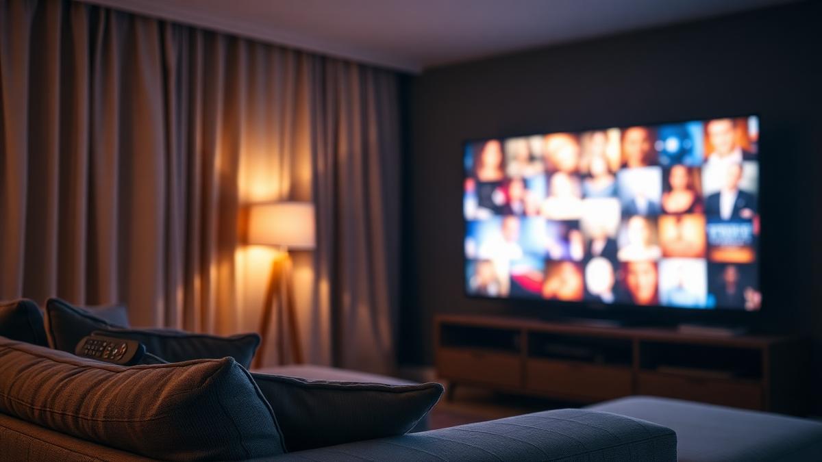 A television remote control resting on a couch facing a glowing screen