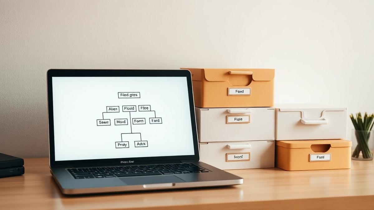 Neatly labelled folders arranged on a desk representing digital file organisation