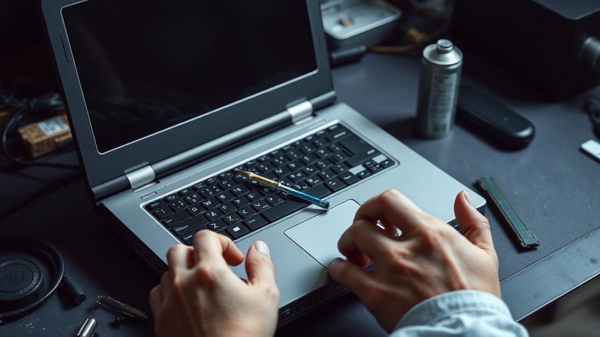 An open laptop on a desk with a magnifying glass symbolising performance troubleshooting