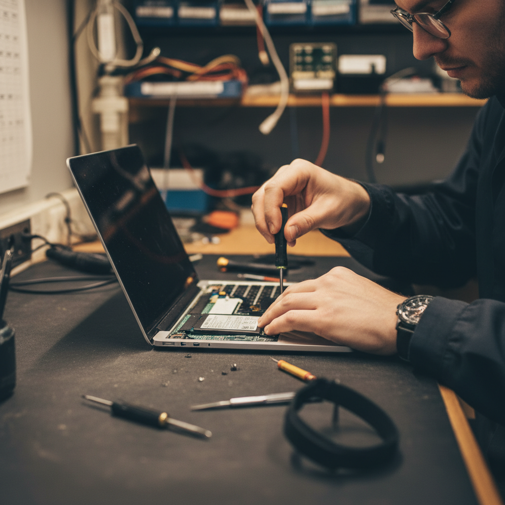 A technician using a small screwdriver to open the back panel of a laptop for repair