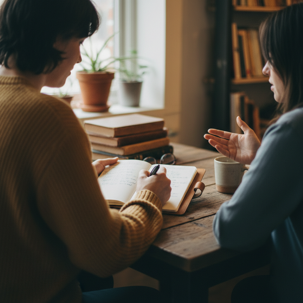 A small business owner taking handwritten notes during a conversation with a customer