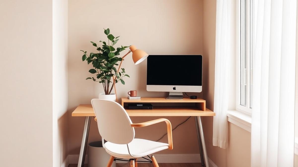 A tidy small desk setup with a laptop, lamp, and plant near a window