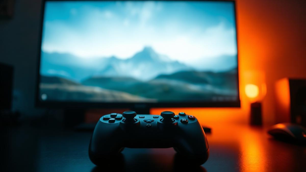 A game controller resting beside a glowing monitor displaying a fantasy landscape