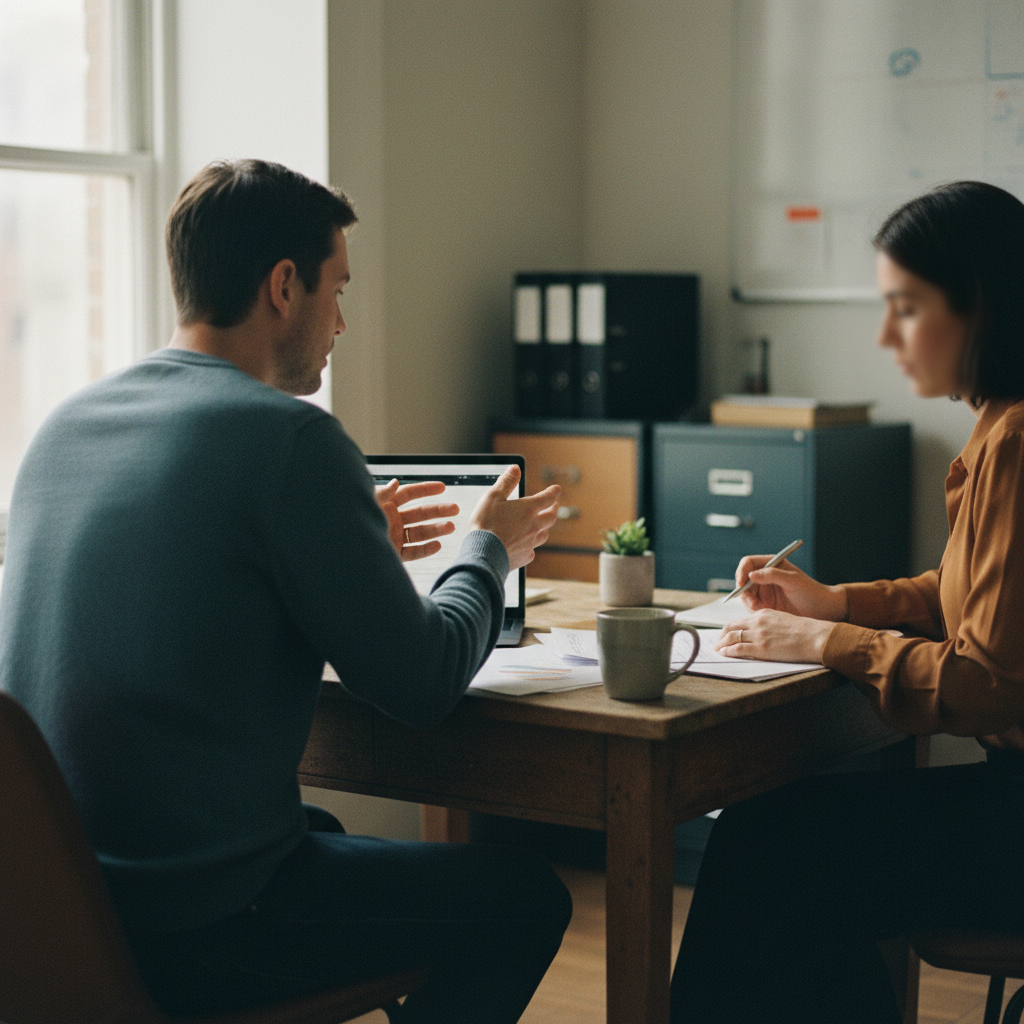 Two people at a small office desk during an onboarding conversation