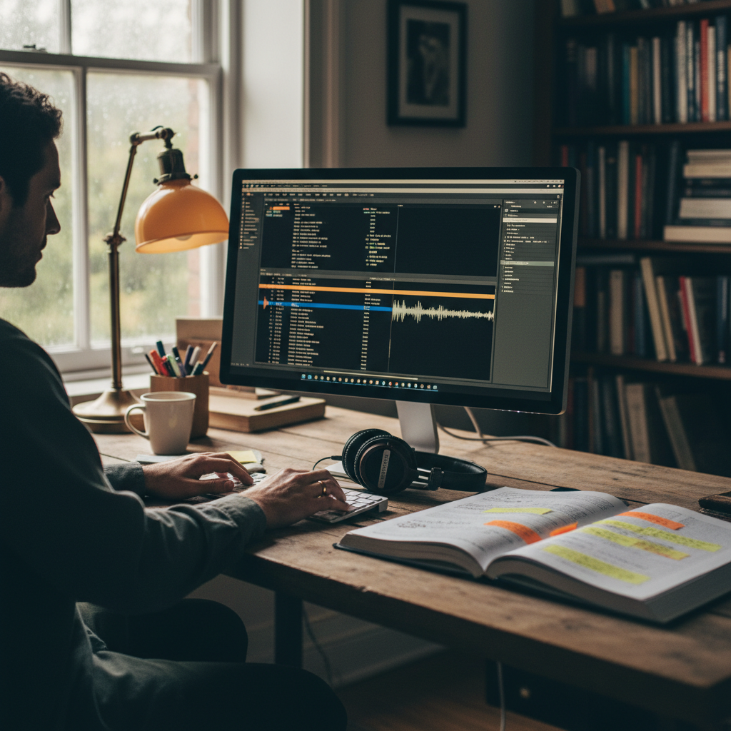 A translator working at a desk with subtitle software and a foreign-language script