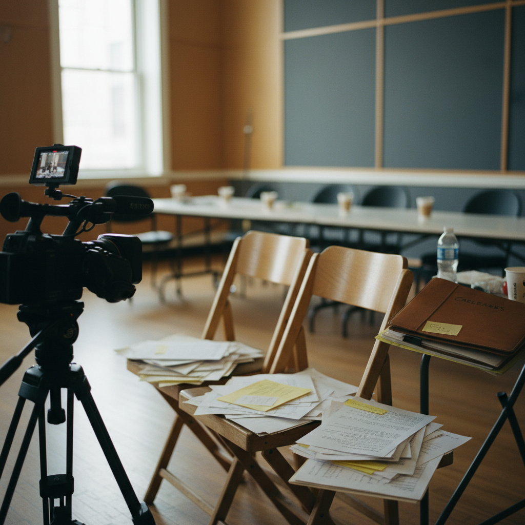 An audition room with a camera, script pages and chairs used for actor callbacks