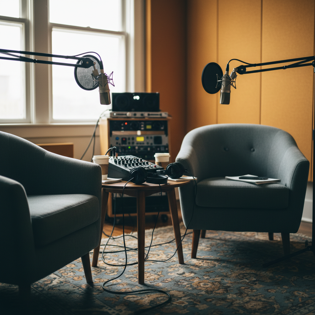 A podcast studio setup with microphones facing two chairs