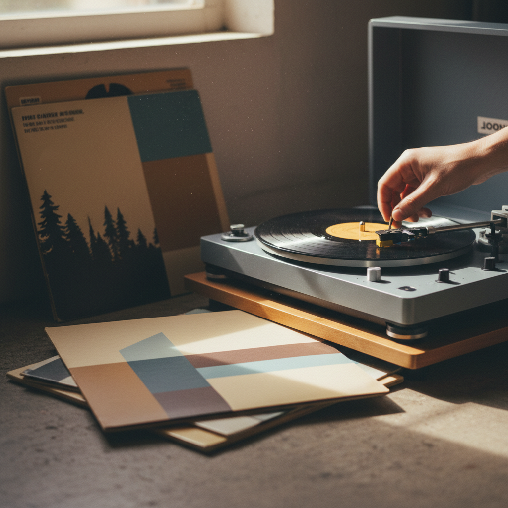 A stack of vinyl records beside a turntable with a record playing