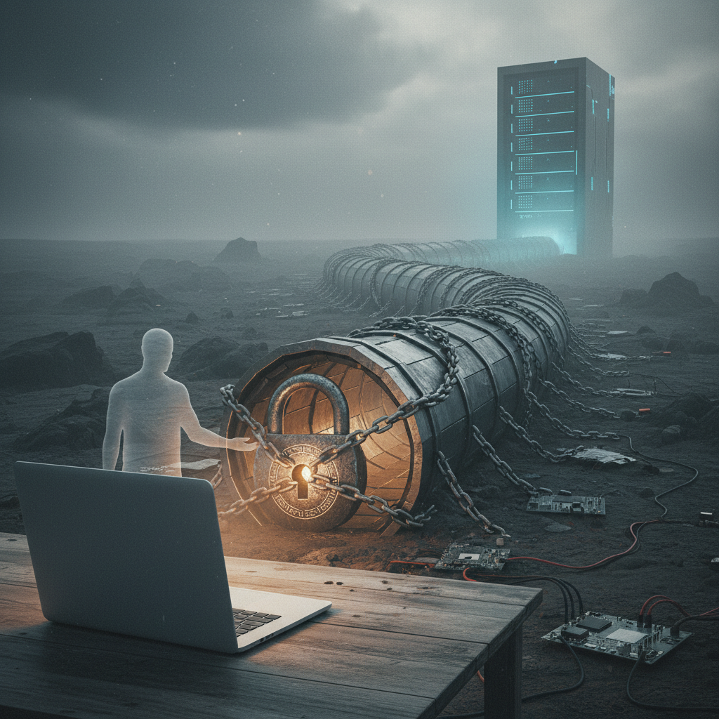 An illustration of a padlocked tunnel connecting a laptop to a distant server, representing an encrypted VPN connection
