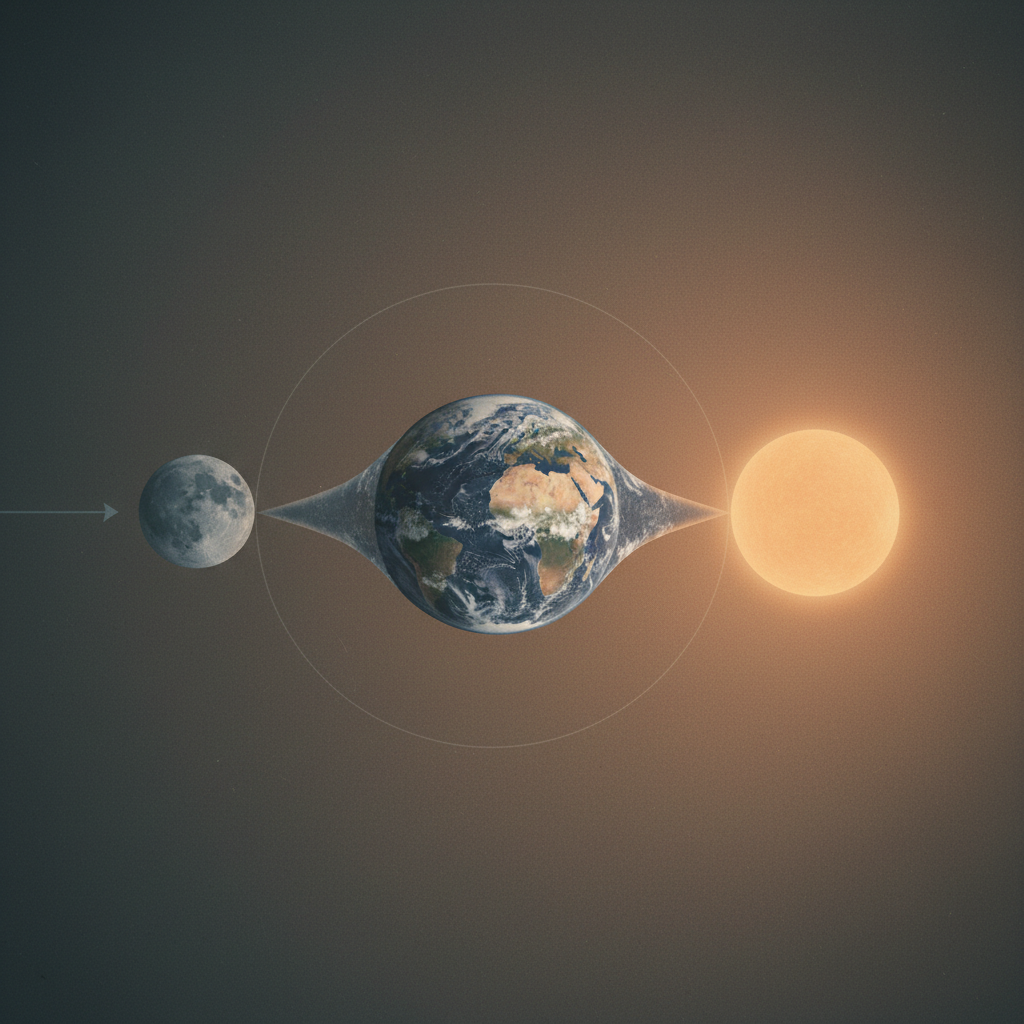 Illustration of the Moon and Sun aligned over Earth showing tidal bulges