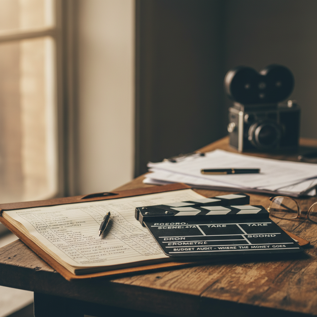 A production ledger and film clapperboard on a desk representing film budget breakdowns