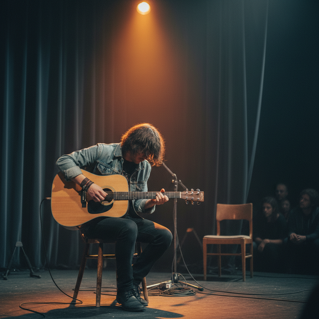 A musician performing an acoustic cover on stage with a single spotlight