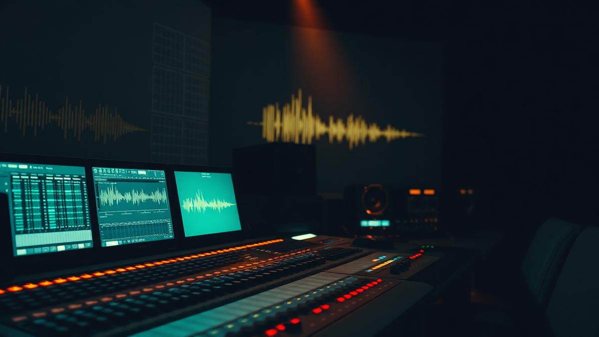 A sound mixing board with sliders in a dim film production studio