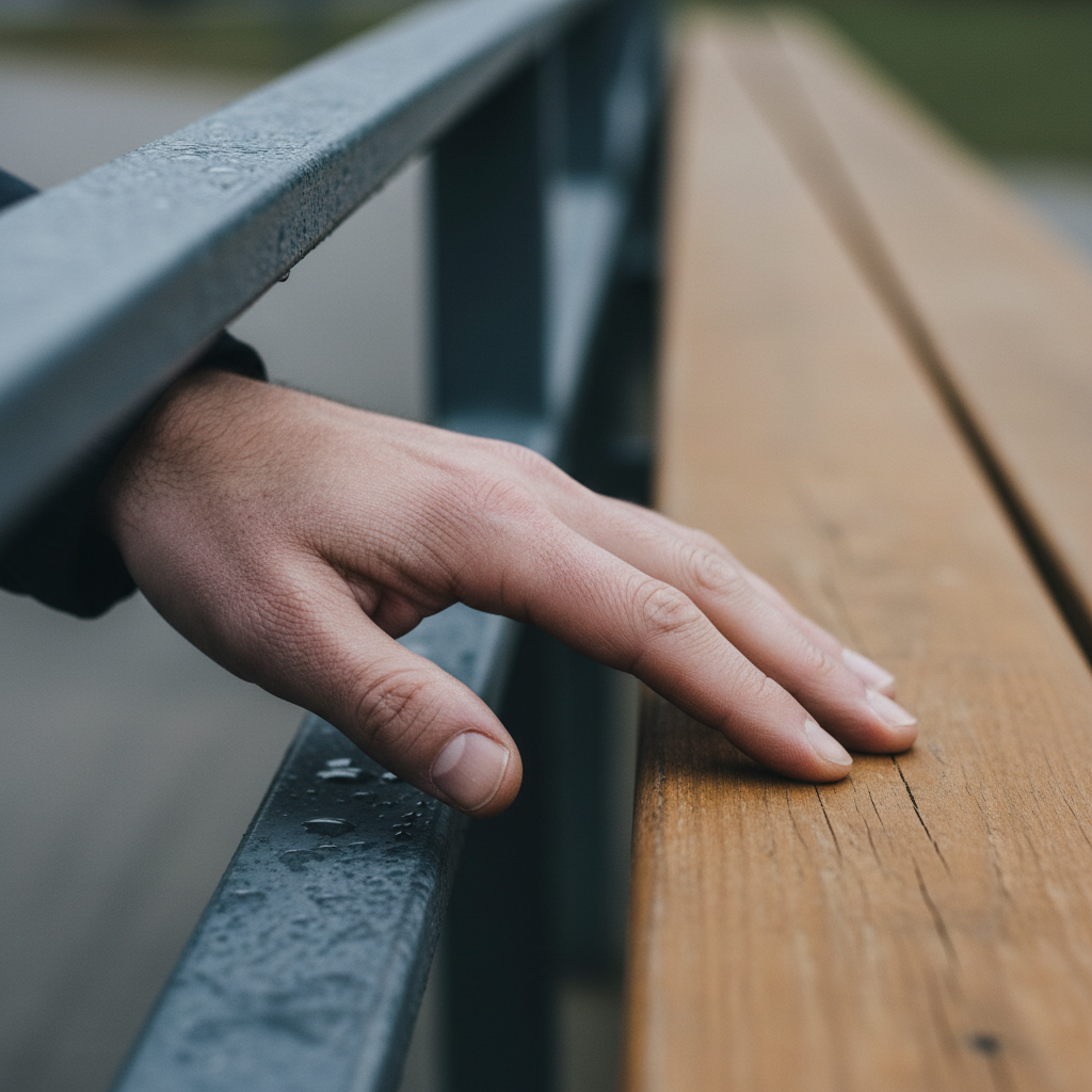 Close-up of a hand touching a metal railing next to a wooden surface
