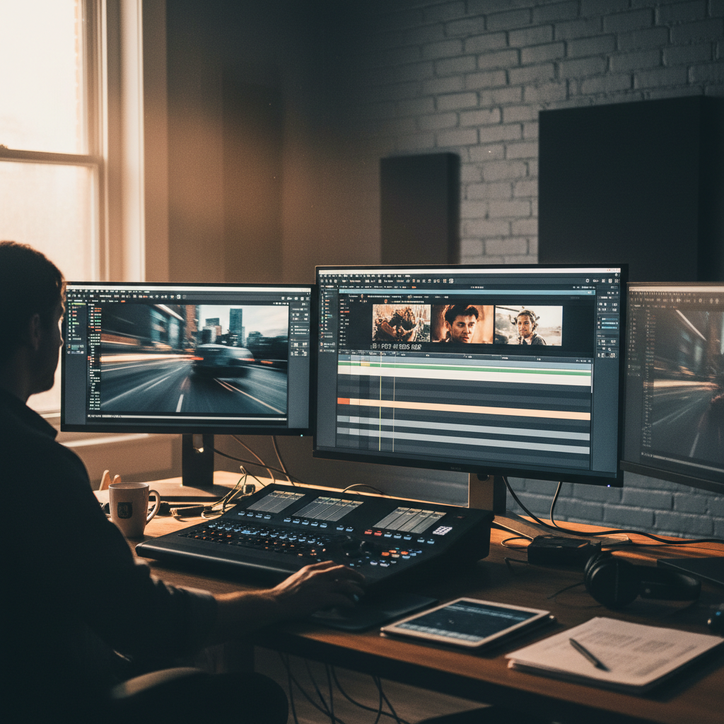 A film editing suite showing timeline software used to cut a movie trailer