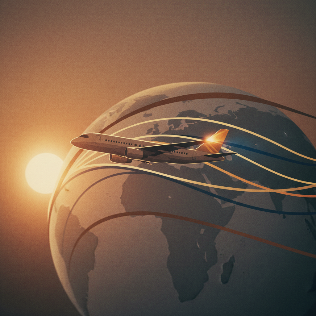 Illustration of an aeroplane crossing time zone lines at sunset