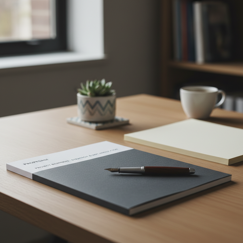 A neat desk with a single printed proposal document and a pen resting on top